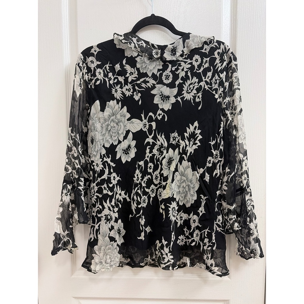 Blouse Floral Whimsigoth Worthington Women XL Silk Flutter Sleeve Tie Front - Picture 9 of 10